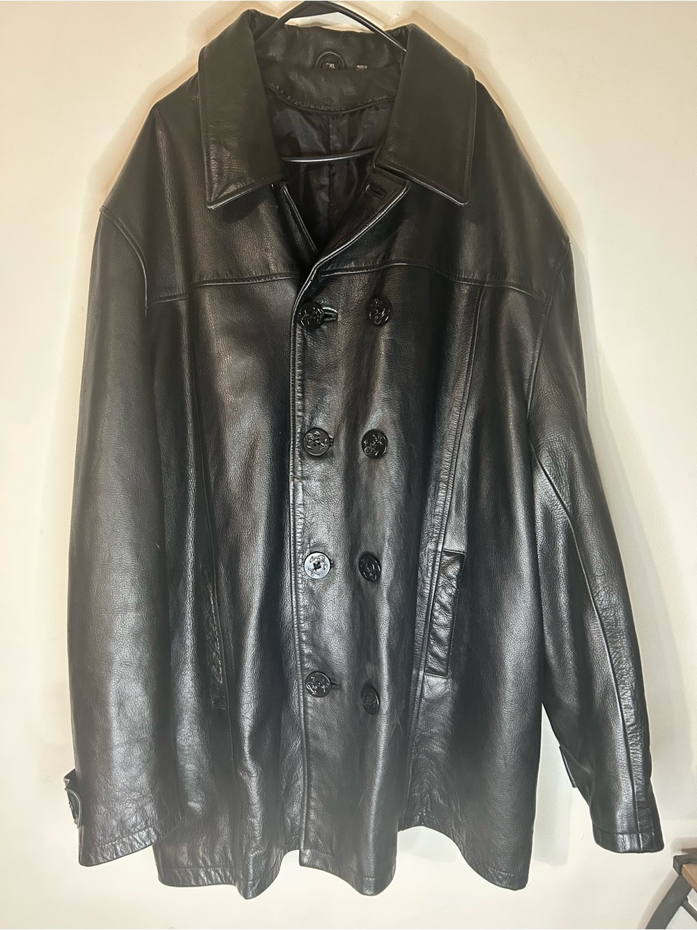 Vintage Men's Black Leather Peacoat Jacket. Size 6XL